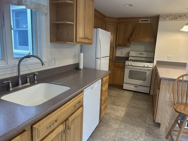 40 Elmwood Cir, Peabody, MA 01960 - kitchen featuring white appliances, premium range hood, a sink, dark countertops, and open shelves