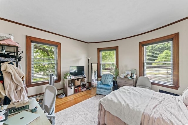 388 Arborway, Boston, MA 02130 - bedroom featuring wood finished floors, ornamental molding, a baseboard radiator, a desk, and baseboards
