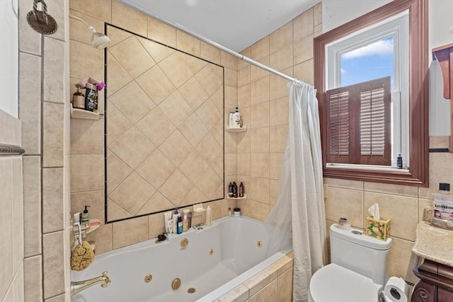 388 Arborway, Boston, MA 02130 - full bathroom with tile walls, toilet, and a combined bath / shower with jetted tub