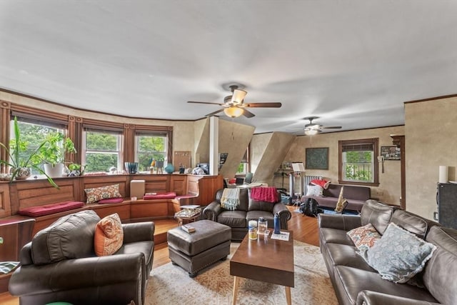 388 Arborway, Boston, MA 02130 - living area with wood finished floors and a ceiling fan