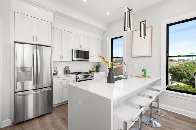 kitchen with wood finished floors, appliances with stainless steel finishes, a breakfast bar area, and a sink