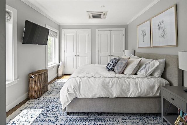 3 Ardee St Unit 3, Boston, MA 02128 - bedroom featuring multiple closets, ornamental molding, baseboards, and wood finished floors