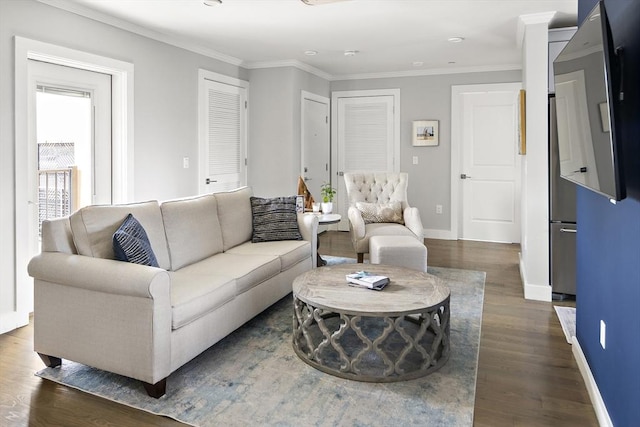3 Ardee St Unit 3, Boston, MA 02128 - living room with dark wood-style floors, baseboards, and crown molding