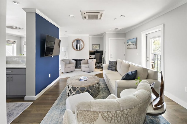 3 Ardee St Unit 3, Boston, MA 02128 - living room with plenty of natural light, ornamental molding, baseboards, dark wood-style floors, and recessed lighting