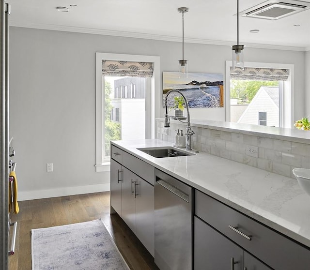 3 Ardee St Unit 3, Boston, MA 02128 - kitchen featuring stainless steel dishwasher, a sink, gray cabinetry, tasteful backsplash, and dark wood finished floors