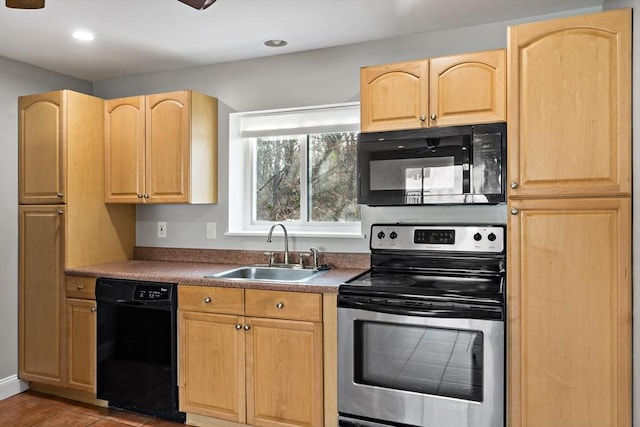 kitchen featuring sink, black appliances, and light brown cabinets