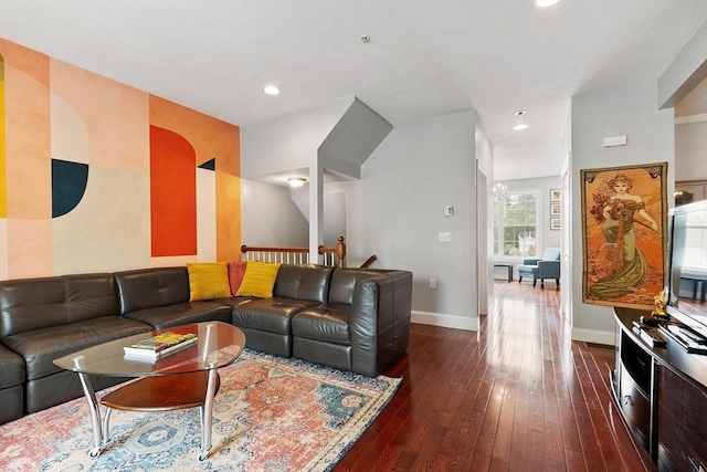 living room featuring baseboards, recessed lighting, and dark wood-type flooring