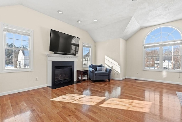 living area featuring lofted ceiling, a healthy amount of sunlight, and light hardwood / wood-style flooring