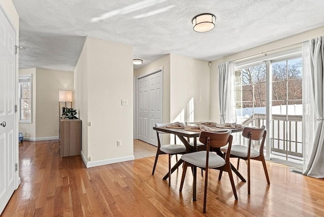 dining space featuring a healthy amount of sunlight, a textured ceiling, and light hardwood / wood-style flooring