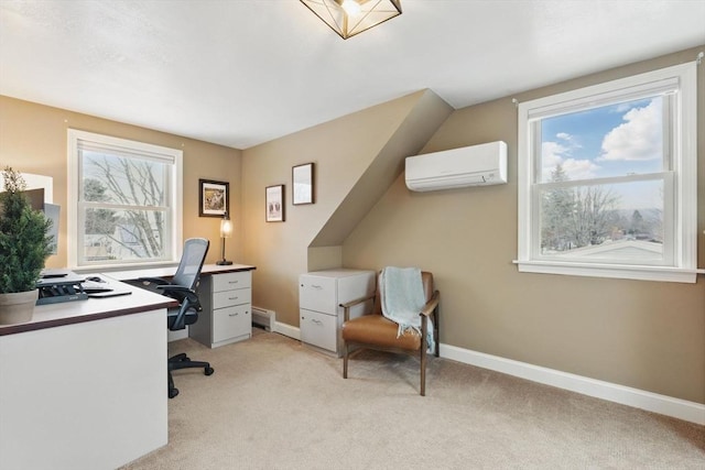 home office with baseboard heating, light carpet, baseboards, and a wall mounted AC