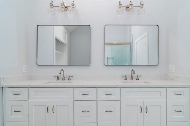 bathroom featuring vanity and a shower with shower door