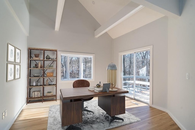 office space featuring lofted ceiling with beams and light wood-type flooring