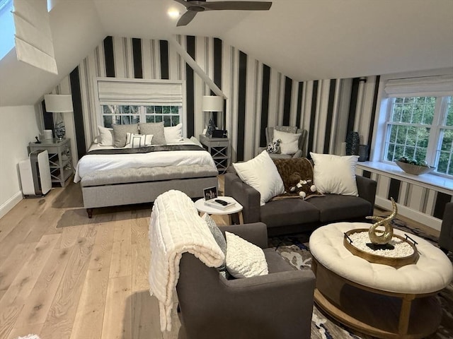 5 Cortland Dr, Hudson, MA 01749 - bedroom featuring wallpapered walls, light wood-type flooring, lofted ceiling, baseboards, and ceiling fan