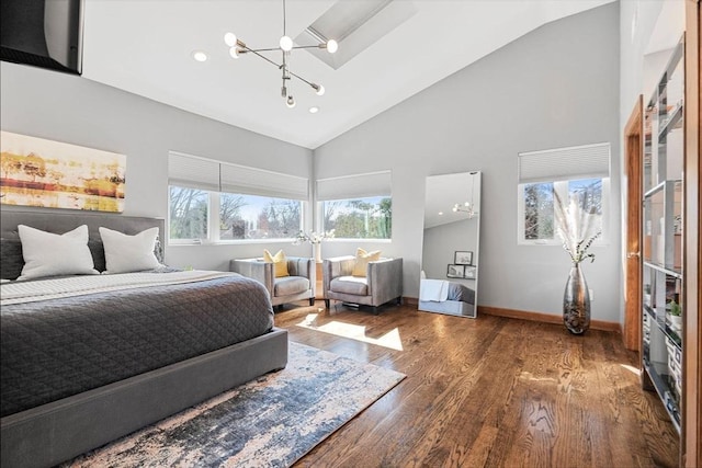 bedroom featuring wood finished floors, baseboards, high vaulted ceiling, recessed lighting, and a notable chandelier