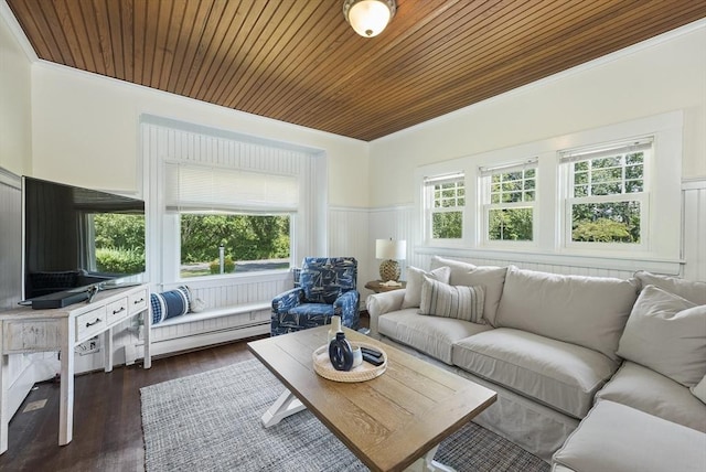 living room featuring dark hardwood / wood-style flooring and wood ceiling