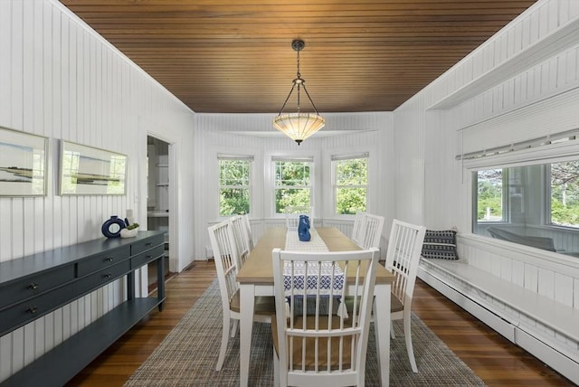 dining area with a baseboard radiator, a healthy amount of sunlight, dark hardwood / wood-style flooring, and wood walls