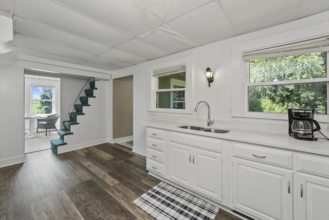 kitchen with sink, a paneled ceiling, white cabinets, and dark hardwood / wood-style floors