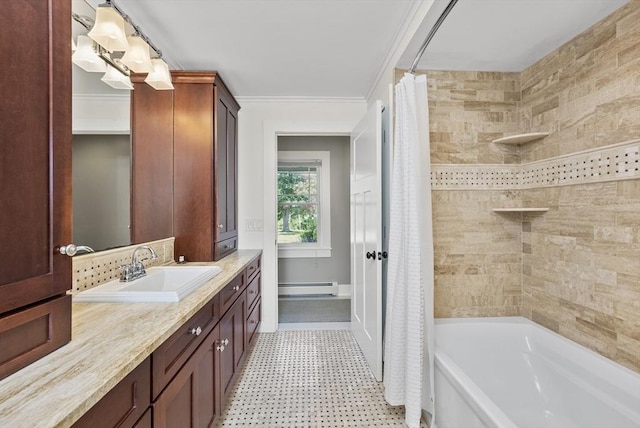 bathroom with crown molding, a baseboard heating unit, vanity, and shower / bath combo with shower curtain