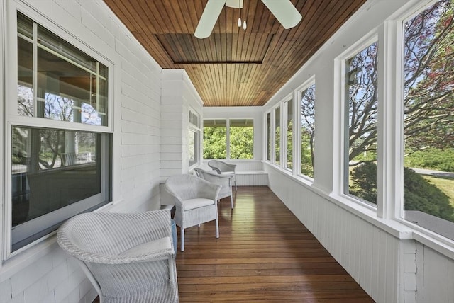 sunroom featuring wood ceiling and ceiling fan