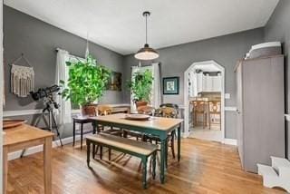 dining room featuring arched walkways and wood finished floors