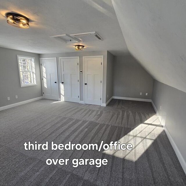 additional living space with vaulted ceiling, carpet floors, and a textured ceiling