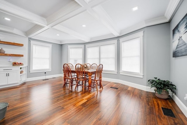 dining area featuring coffered ceiling, dark wood-type flooring, plenty of natural light, and beamed ceiling