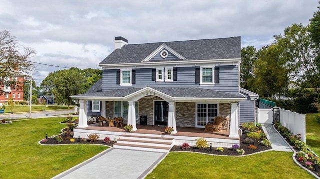 view of front of home with covered porch and a front lawn