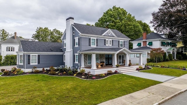 view of front of property with covered porch and a front lawn