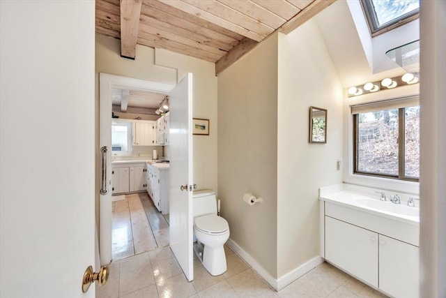bathroom featuring toilet, a healthy amount of sunlight, vanity, and wooden ceiling