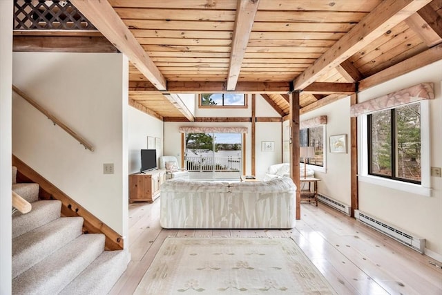 living room with a baseboard radiator, wooden ceiling, plenty of natural light, and hardwood / wood-style flooring