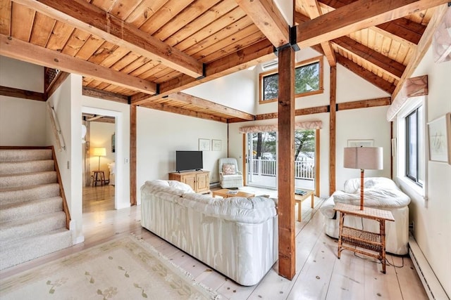 living room with wood ceiling, plenty of natural light, and light wood-style floors