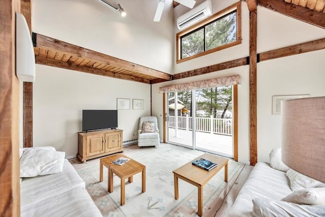 living area with a baseboard heating unit, a wall mounted air conditioner, a high ceiling, beam ceiling, and ceiling fan