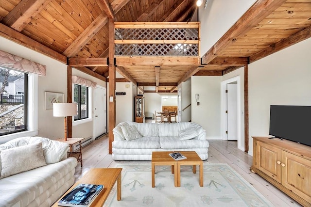 living area featuring wood ceiling, light wood finished floors, lofted ceiling with beams, and baseboards