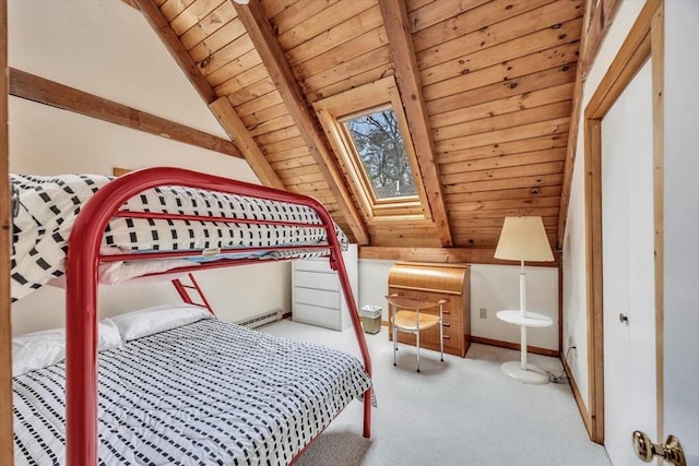 bedroom featuring vaulted ceiling with skylight, a baseboard radiator, wooden ceiling, and carpet floors