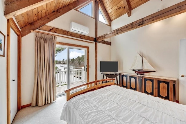 bedroom featuring wooden ceiling, a wall mounted AC, carpet flooring, and access to exterior