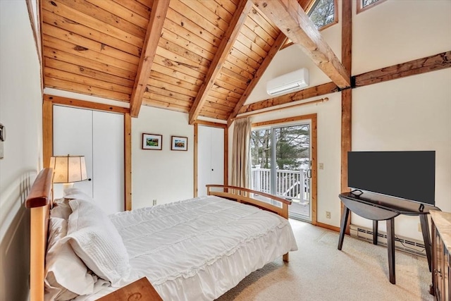 bedroom featuring a wall mounted AC, baseboard heating, light carpet, access to exterior, and beam ceiling