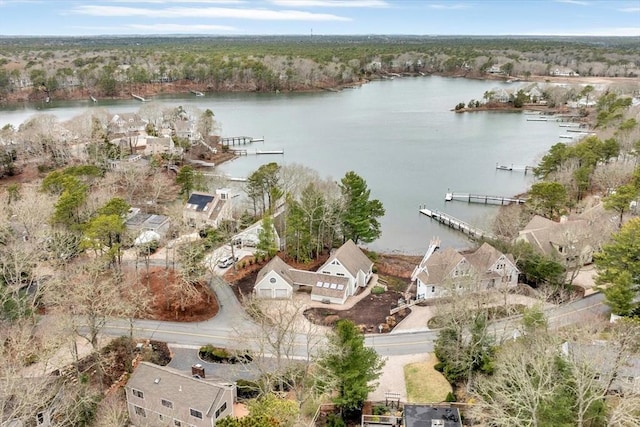 bird's eye view featuring a water view and a residential view