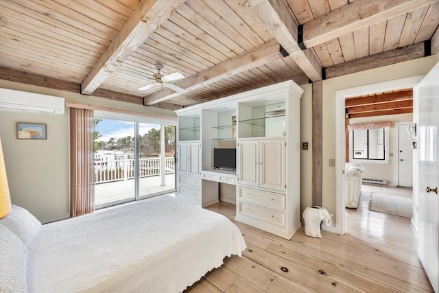 bedroom with access to exterior, an AC wall unit, beam ceiling, and wood ceiling