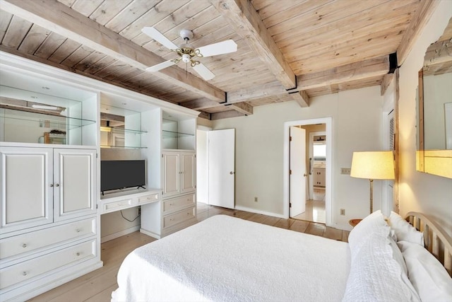 bedroom featuring light wood-style flooring, wooden ceiling, built in study area, and beam ceiling