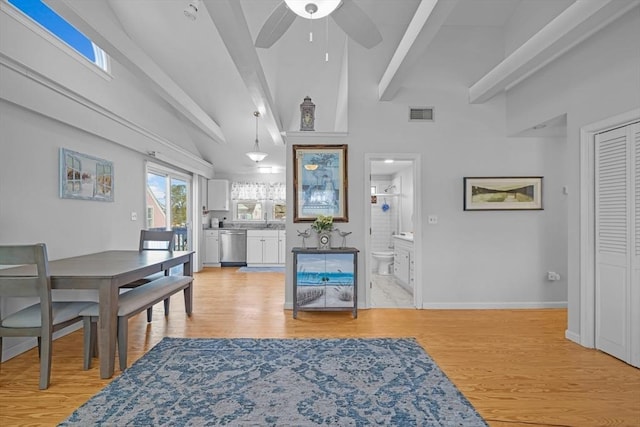 interior space featuring beamed ceiling, visible vents, ceiling fan, and light wood finished floors