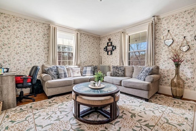 400 N Woodstock Rd, Southbridge, MA 01550 - living area featuring plenty of natural light, wallpapered walls, and ornamental molding