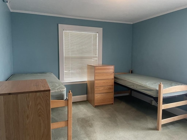 bedroom featuring light colored carpet and crown molding