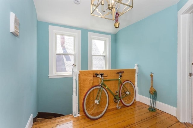 56-A Topliff St, Boston, MA 02122 - doorway to outside featuring a chandelier, hardwood / wood-style floors, and vaulted ceiling