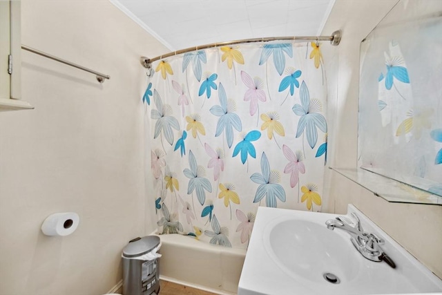 90 Montaup St, Fall River, MA 02724 - bathroom with a sink, shower / tub combo, and ornamental molding