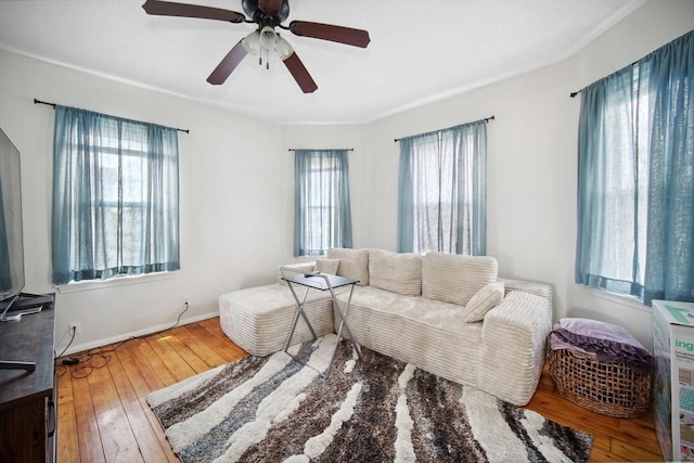 90 Montaup St, Fall River, MA 02724 - living area with hardwood / wood-style floors, a ceiling fan, and baseboards