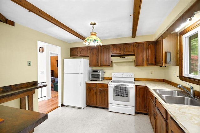 5 Glad St, Freetown, MA 02702 - kitchen featuring white appliances, a sink, under cabinet range hood, beamed ceiling, and light flooring