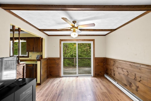 5 Glad St, Freetown, MA 02702 - kitchen with a baseboard radiator, a wainscoted wall, light wood finished floors, wood walls, and a ceiling fan