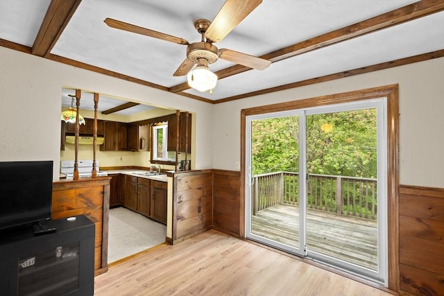 5 Glad St, Freetown, MA 02702 - kitchen with white electric range, a sink, extractor fan, light wood-style floors, and a wainscoted wall