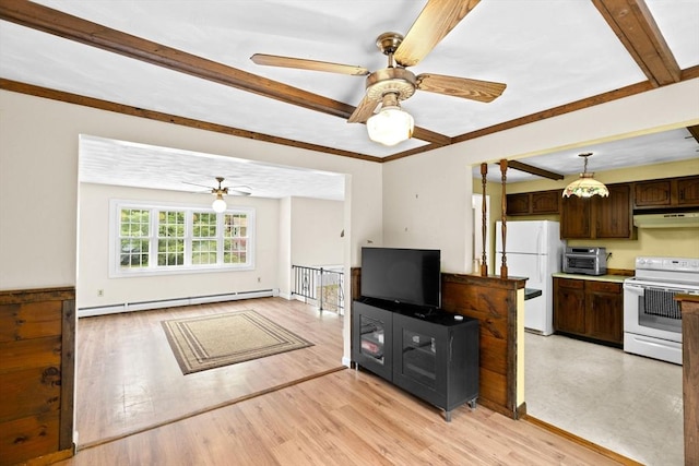 5 Glad St, Freetown, MA 02702 - kitchen with white appliances, a baseboard heating unit, under cabinet range hood, dark brown cabinetry, and ceiling fan