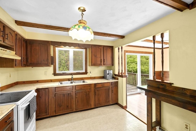 5 Glad St, Freetown, MA 02702 - kitchen featuring white range with electric stovetop, a sink, beam ceiling, under cabinet range hood, and light countertops